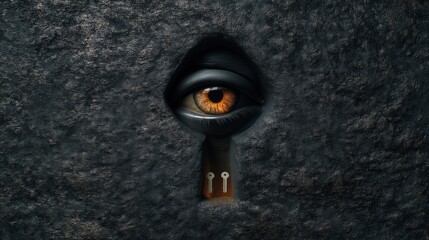 A mysterious and intense eye looking through a dark keyhole in a stone wall, symbolizing surveillance, secrets, and the search for a solution