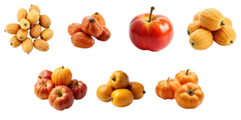 Assorted dry fruits including nuts, pumpkin, and apple, isolated on a transparent background for clear visibility and focus on texture and color details