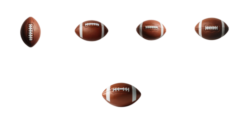 Various American footballs isolated on a transparent background showcasing different positions and angles with realistic textures and details