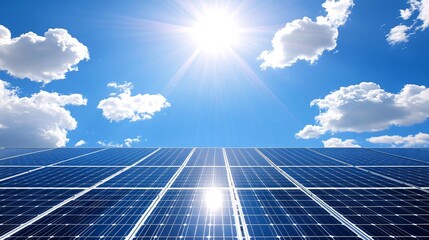 bright white sunshine illuminating a modern solar panel array, showcasing clean renewable energy and green technology for a sustainable future
