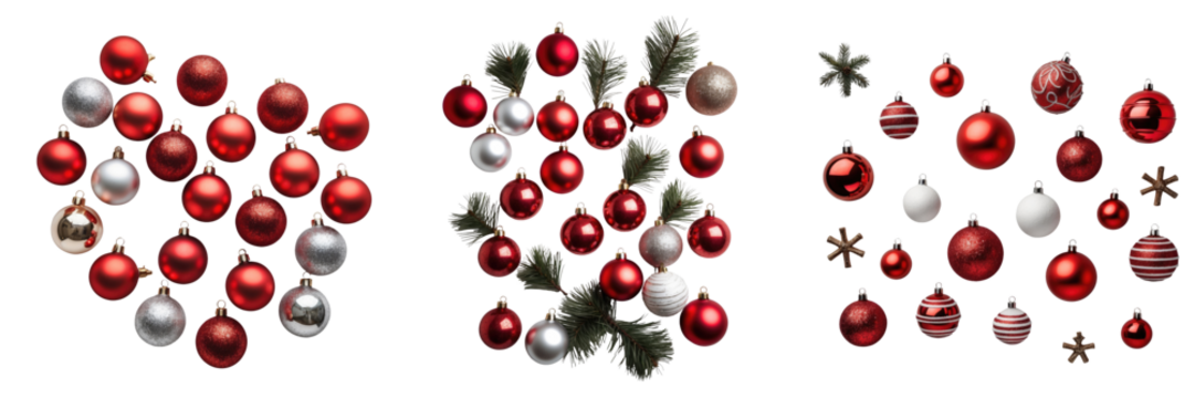 red and silver Christmas ornaments arranged in various styles on transparent background featuring shiny balls and decorative elements