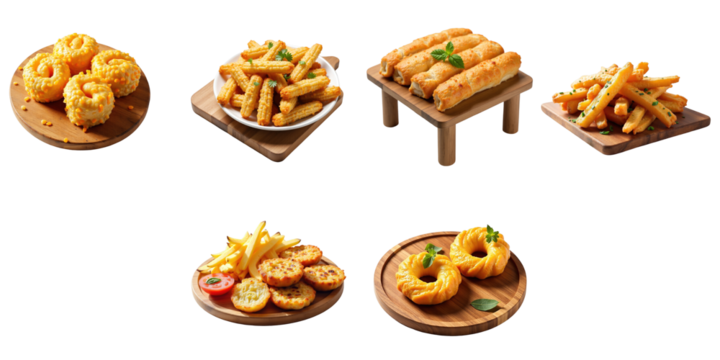 Assorted fried snacks and appetizers displayed on wooden serving platters including potato twists, cheese rolls, and corn bites isolated on a transparent background.