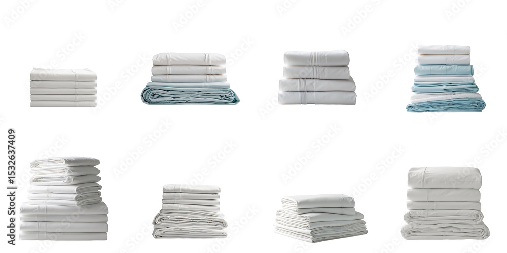Poster stacked clean bed sheets in various shapes and sizes on a transparent background showcasing differen