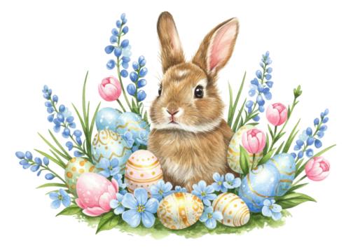 Isolated Easter Bunny Surrounded by Flowers and Eggs