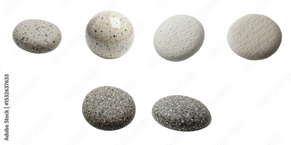 Aufkleber set of six round pebbles with varied textures and colors arranged on a transparent background, isola