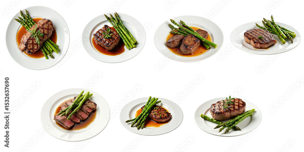 Poster assorted grilled beef fillets presented with asparagus on white plates arranged in various styles is