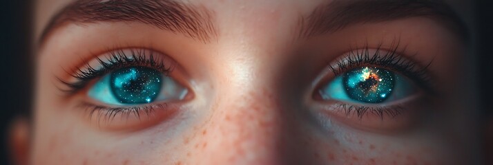Close-up of human eyes reflecting a starry galaxy, highlighting bright blue irises and detailed eyelashes with a soft focus on the surrounding skin and freckles.