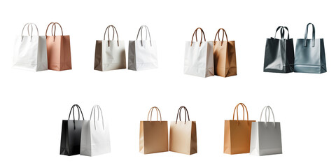 Set of eight shopping bags in various colors arranged in a grid format on a transparent background showcasing different styles and designs with handles.