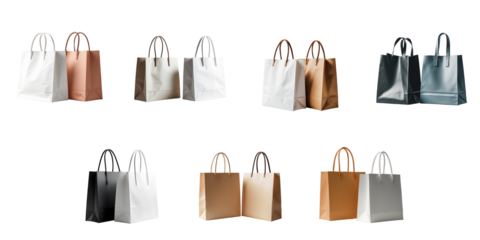 Set of eight shopping bags in various colors arranged in a grid format on a transparent background showcasing different styles and designs with handles.