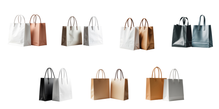 Set of eight shopping bags in various colors arranged in a grid format on a transparent background showcasing different styles and designs with handles.