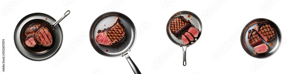 Poster grilled beef steak chop displayed on frying pans showcasing different cuts and doneness levels isola