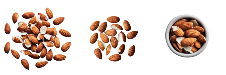 Peeled almonds scattered on a transparent background arranged in three groups with one portion in a small white bowl highlighting their texture and color