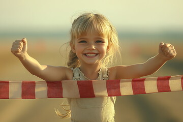 Joyful little athlete celebrates victory at the finish line with hands raised in triumph against a golden sunset backdrop