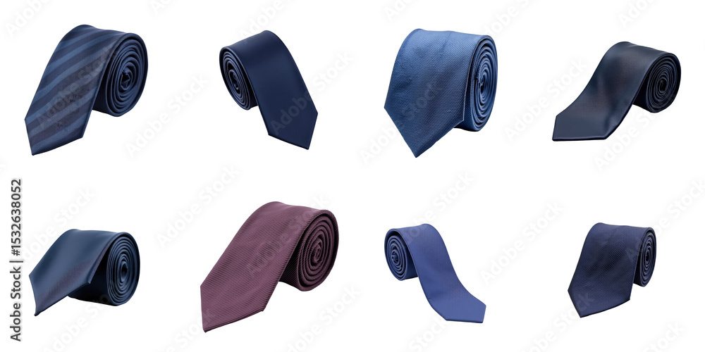 Poster variety of rolled neckties in different colors and patterns isolated on transparent background arran