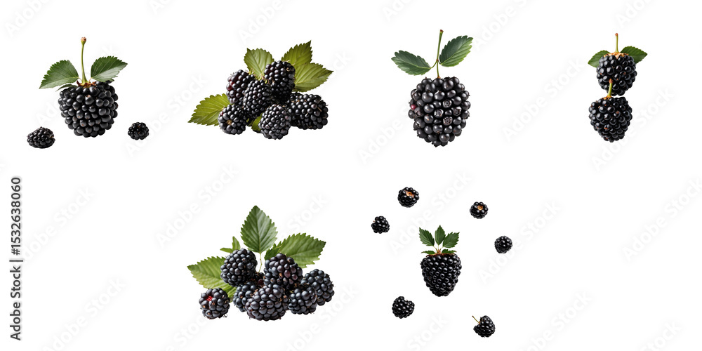 Poster transparentberry fruits with leaves arranged on a transparent background featuring multiple isolated