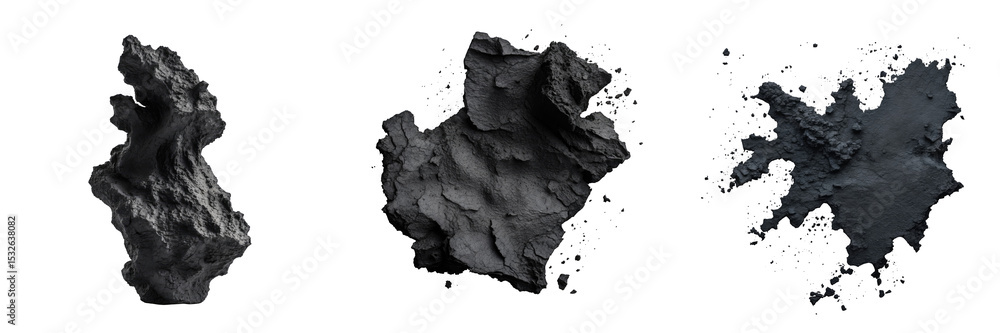 Poster three distinct dark textured grunge rock-like shapes isolated on transparent background featuring va