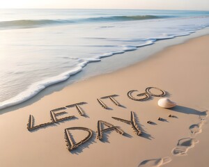Motivational message "Let It Go Day" written in the sand on a beach at sunrise. A high-angle, full shot of the words "Let It Go Day" written in the sand on a beach at sunrise.