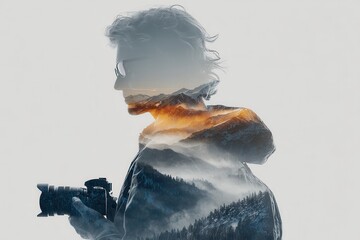Creative Double Exposure Silhouette with Landscape and Photographer