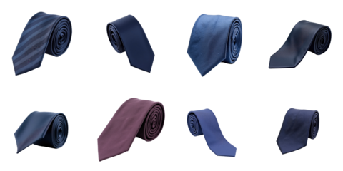 variety of rolled neckties in different colors and patterns isolated on transparent background arranged in an 8-split composition for fashion presentation