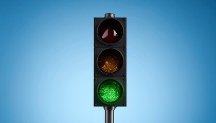 Traffic lamp with green light on against blue background. 