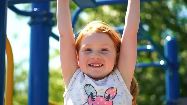 Playful redheaded girl smiles while hanging on monkey bars at a playground