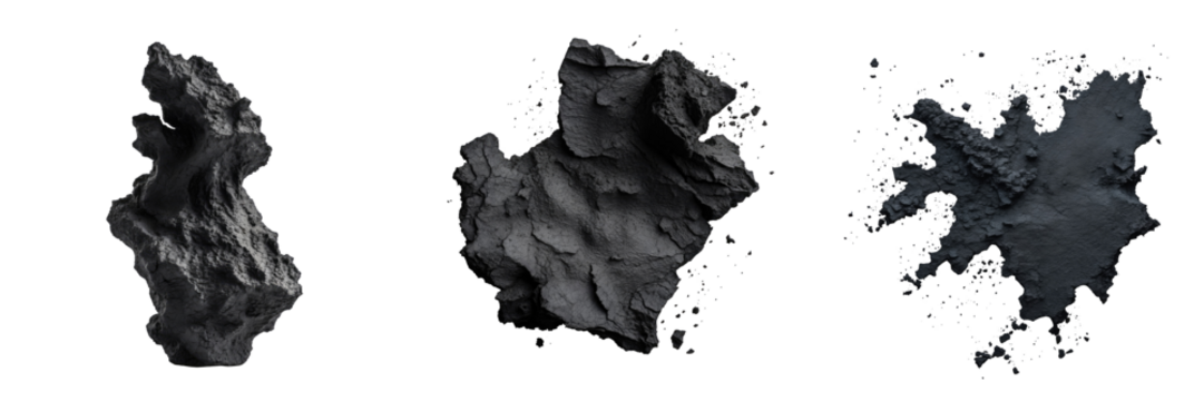three distinct dark textured grunge rock-like shapes isolated on transparent background featuring varied surfaces and depths for creative applications