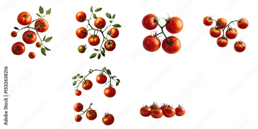 Poster fresh red tomatoes with green leaves displayed in various arrangements on a transparent background h