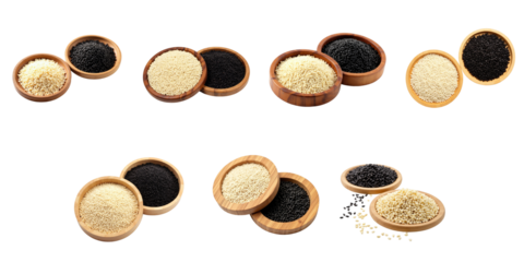 Transparent wooden coasters filled with white and transparent sesame seeds isolated on transparent background arranged in various positions for detailed visual presentation