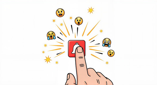 Finger pressing notification bell, comic illustration, red and yellow, social alerts