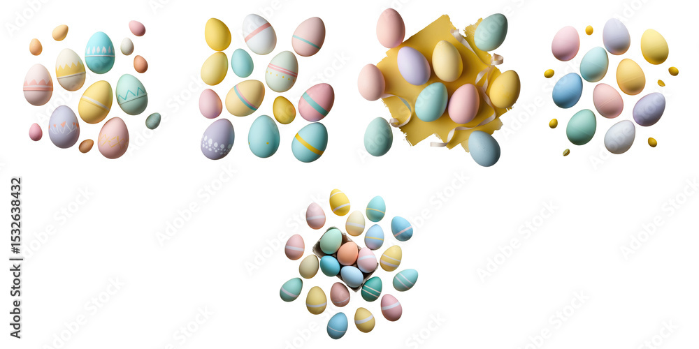 Poster collection of easter eggs in pastel colors arranged playfully on a yellow background with some eggs 