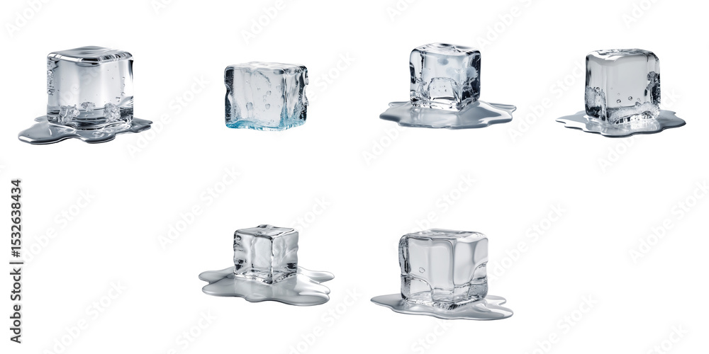 Poster melting ice cubes on a transparent background showing various stages of melting with water puddles s