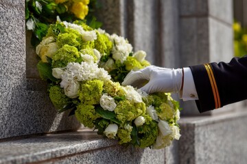 Hand in White Glove Placing Floral Wreath at Memorial Site
