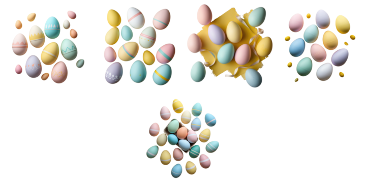 Collection of Easter eggs in pastel colors arranged playfully on a yellow background with some eggs scattered around on a transparent backdrop featuring various patterns and designs.