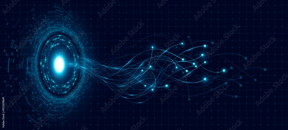 Poster glowing circular data hub with flowing neural data lines for high technology background. virtual hud