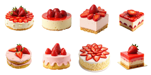 Assortment of various strawberry cakes with decorative toppings isolated on a transparent background featuring diverse shapes and styles of cake presentations.