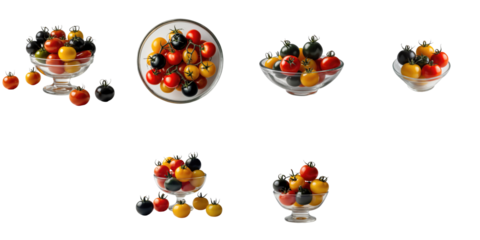 Assorted mini transparent, red, and yellow tomatoes arranged in glass bowls displayed on a transparent background highlighting vibrant colors and textures of the tomatoes