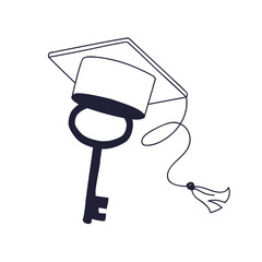 Illustration of a key wearing a graduation cap. Symbolizes unlocking potential through education, opening doors to new opportunities and future success.