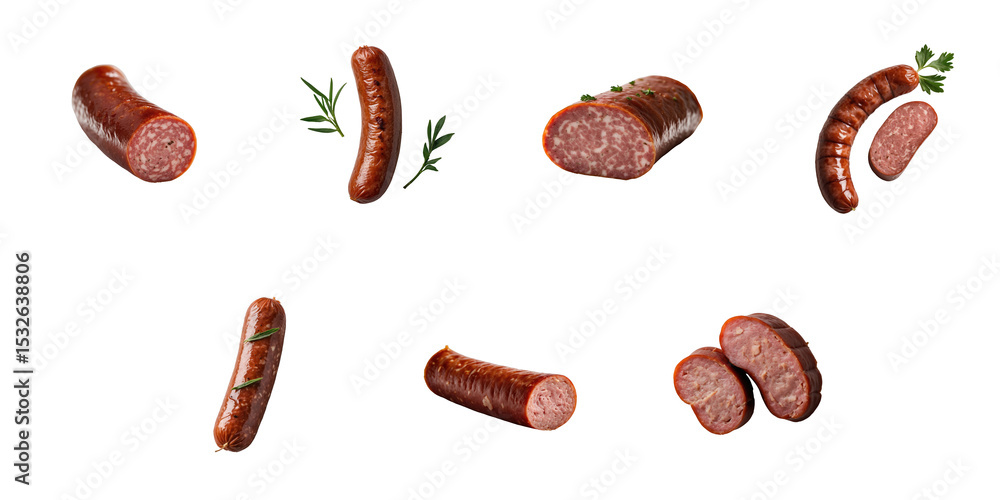Poster assortment of smoked sausage pieces displayed on a transparent background featuring whole and sliced