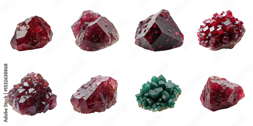 Poster macro shot of cuprite crystals in various forms and colors isolated on transparent background showca