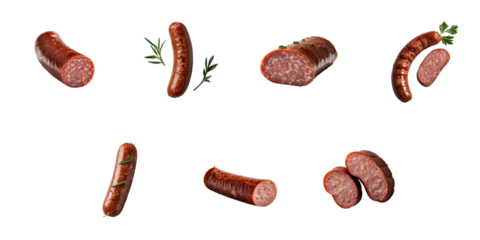 Assortment of smoked sausage pieces displayed on a transparent background featuring whole and sliced options with various garnishes demonstrating texture and color variations