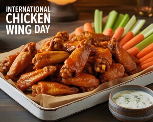 Delicious Chicken Wings for International Chicken Wing Day. A close-up view of a tray filled with crispy, golden-brown chicken wings, glistening with a tangy sauce.