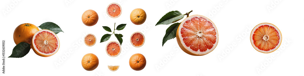 Poster fresh grapefruit composition featuring whole and sliced grapefruits with leaves on a transparent bac