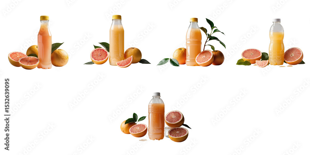 Poster grapefruit juice in plastic bottles with whole and sliced grapefruits placed on a transparent backgr