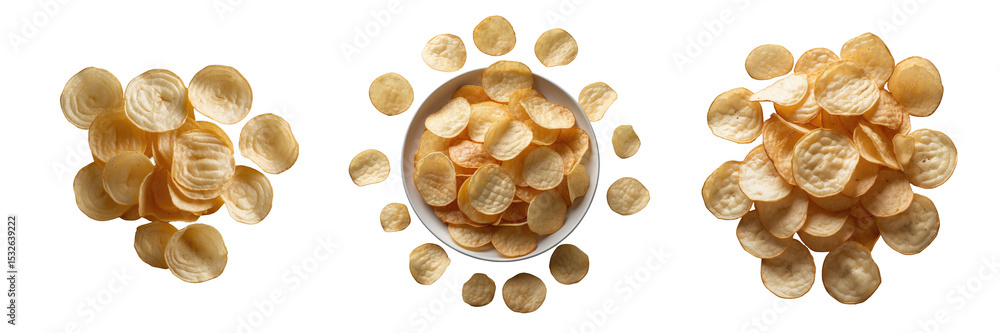 Poster potato chips arranged in circular patterns with a bowl in center on transparent background, captured
