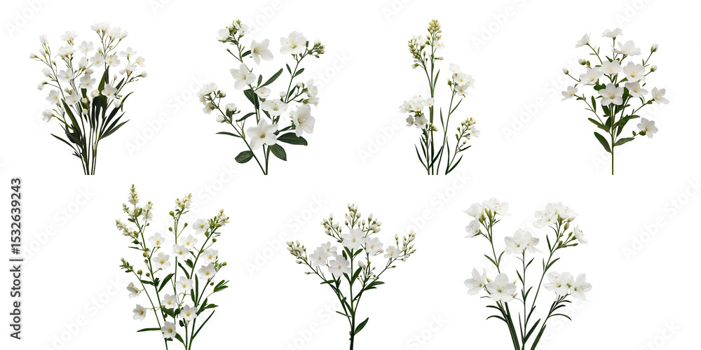 Poster collection of transparent white flowers isolated on transparent background featuring multiple variet