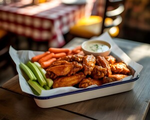 Delicious Chicken Wings for International Chicken Wing Day. A close-up view of a tray filled with crispy, golden-brown chicken wings, glistening with a tangy sauce.