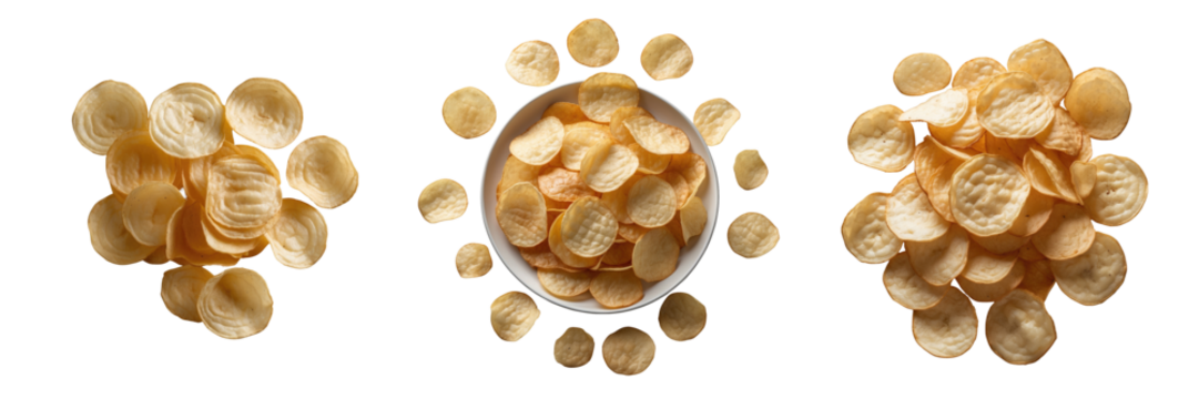 Potato chips arranged in circular patterns with a bowl in center on transparent background, captured from top view with full depth of field and isolated presentation.
