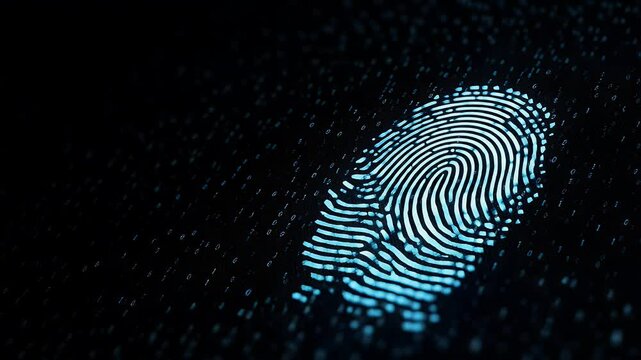 Digital fingerprint representation on a dark background with abstract patterns illustrating security technology