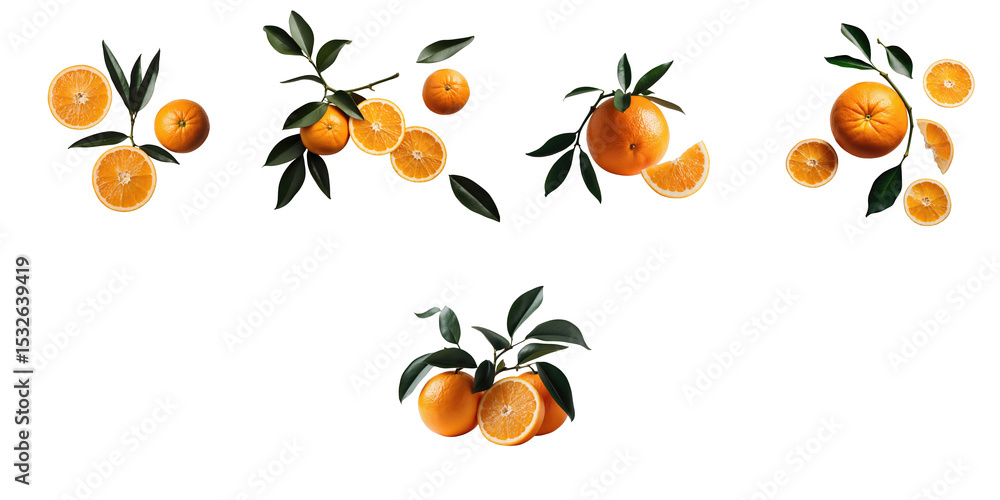Poster fresh oranges with green leaves arranged artistically on a dark background displaying whole and slic