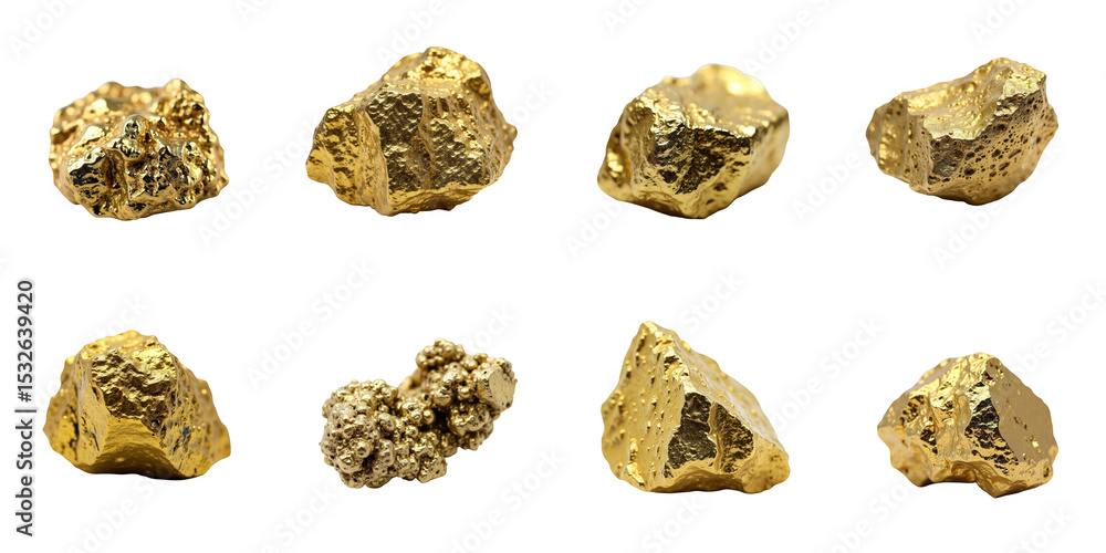 Poster macro collection of various mineral pyrite stones displayed with a transparent background emphasizin
